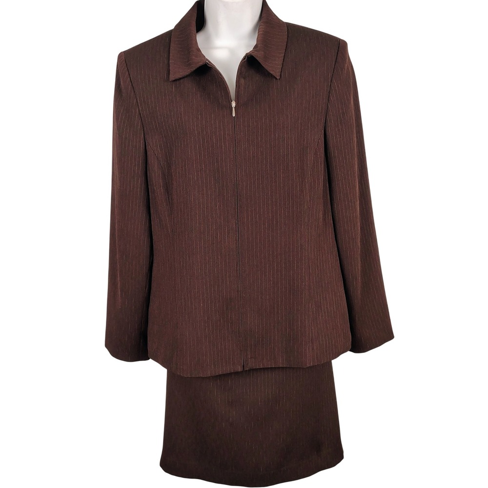 Karen Scott Womens SZ 12 Skirt Suit Set Brown Pinstripe Zip Jacket Corporatecore